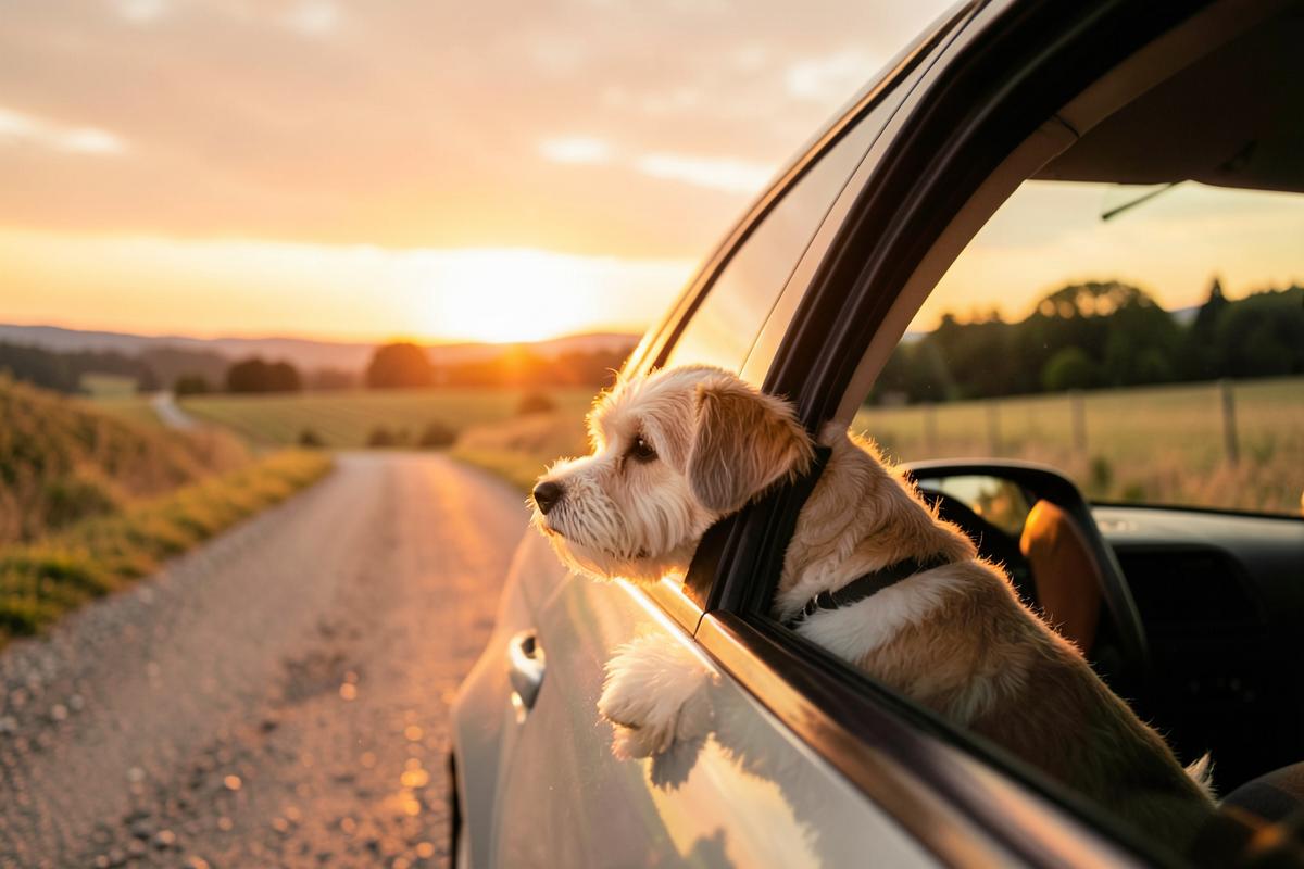 Chien regardant par la fenêtre d'une voiture sur une route de campagne au coucher du soleil